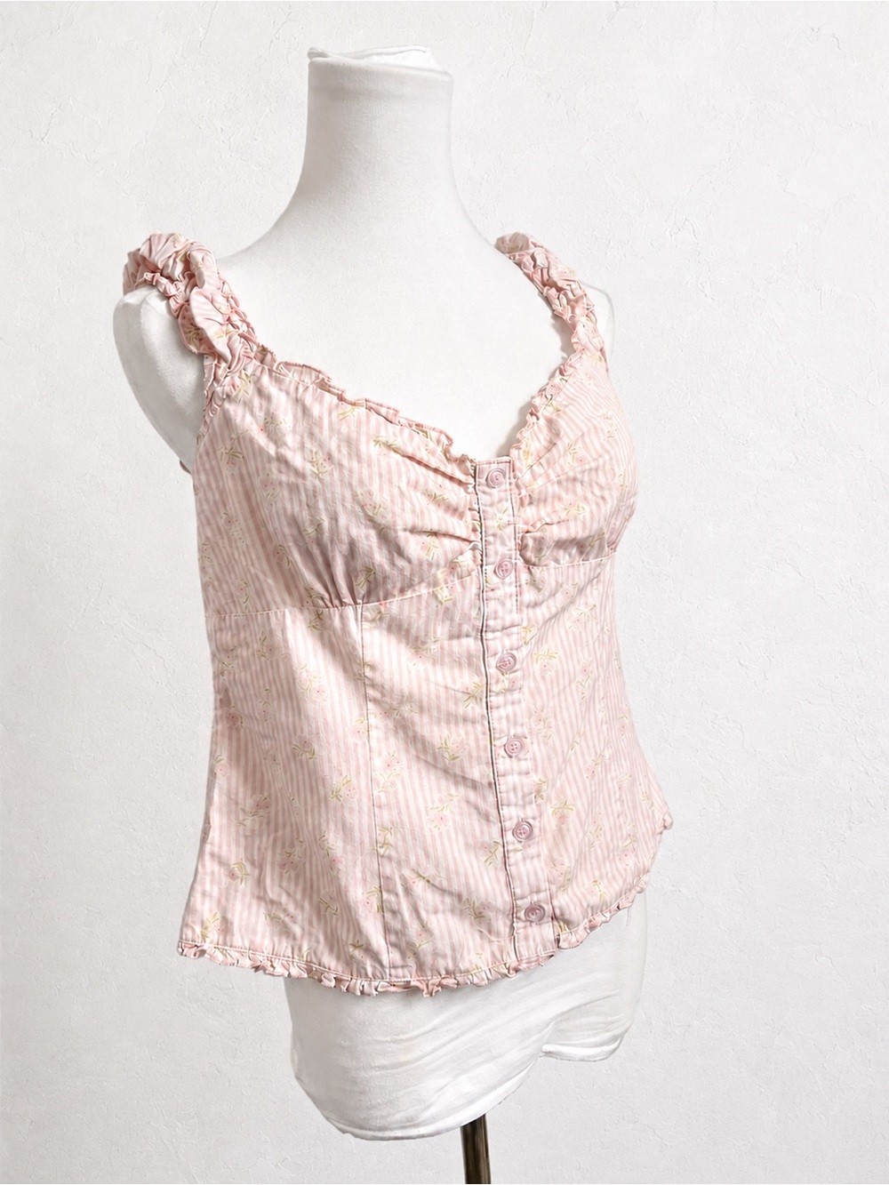 Vintage Pink Floral Stripe Milkmaid Corset Cami Top Coquette Fairycore XL